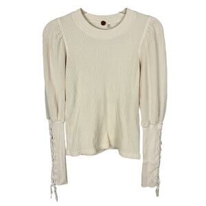 Free People One Cream Long Sleeve Puff Shoulder Minimalist Lace Cuff Thermal XS